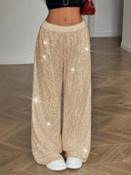 High Waist Shiny Sequin Loose Drapey Wide Leg Casual Pants Fashionable Summer Women's Trousers Street Style Polyester Fiber - VibraStore