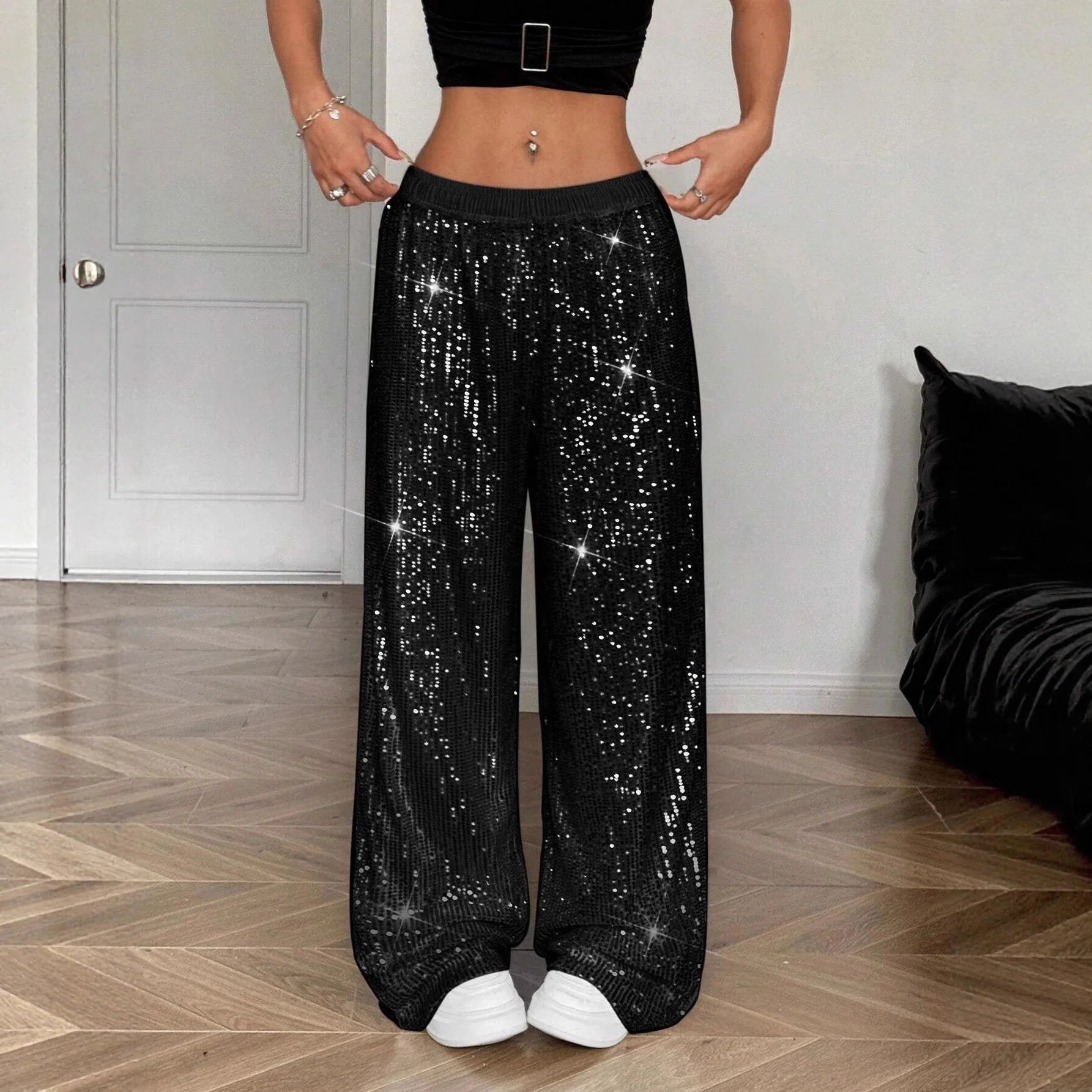 High Waist Shiny Sequin Loose Drapey Wide Leg Casual Pants Fashionable Summer Women's Trousers Street Style Polyester Fiber - VibraStore