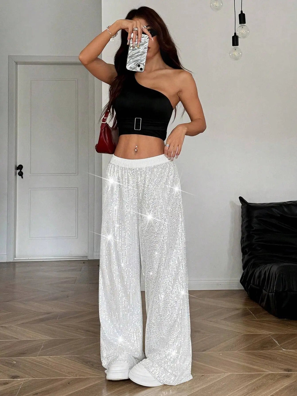 High Waist Shiny Sequin Loose Drapey Wide Leg Casual Pants Fashionable Summer Women's Trousers Street Style Polyester Fiber - VibraStore