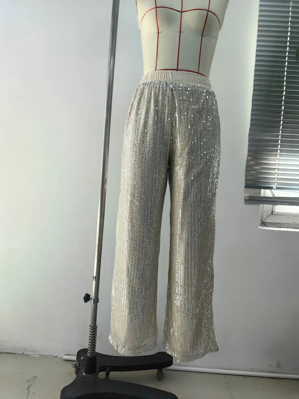 High Waist Shiny Sequin Loose Drapey Wide Leg Casual Pants Fashionable Summer Women's Trousers Street Style Polyester Fiber - VibraStore