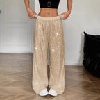 High Waist Shiny Sequin Loose Drapey Wide Leg Casual Pants Fashionable Summer Women's Trousers Street Style Polyester Fiber - VibraStore