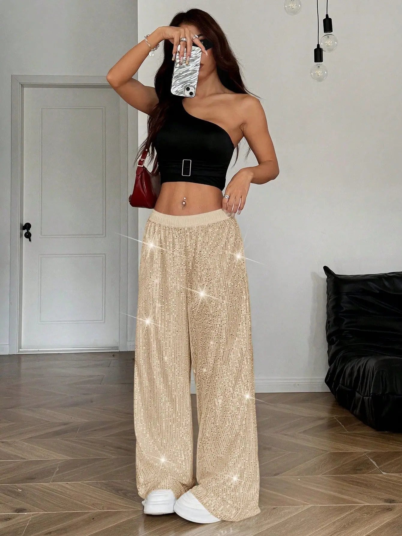 High Waist Shiny Sequin Loose Drapey Wide Leg Casual Pants Fashionable Summer Women's Trousers Street Style Polyester Fiber - VibraStore