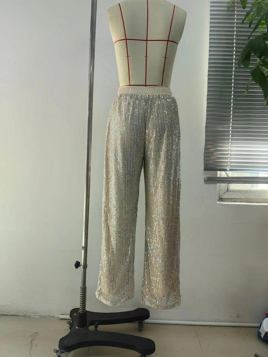 High Waist Shiny Sequin Loose Drapey Wide Leg Casual Pants Fashionable Summer Women's Trousers Street Style Polyester Fiber - VibraStore