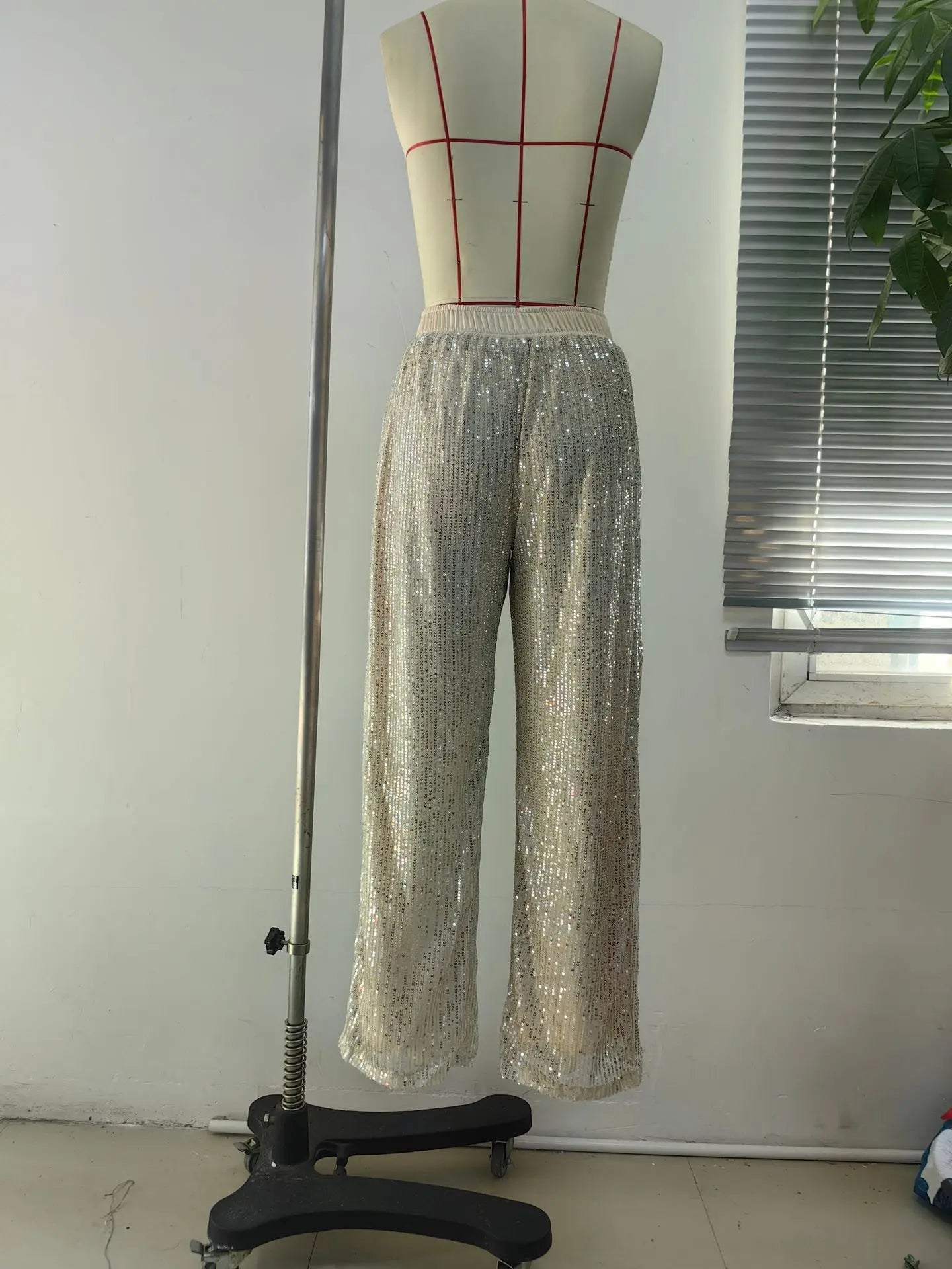 High Waist Shiny Sequin Loose Drapey Wide Leg Casual Pants Fashionable Summer Women's Trousers Street Style Polyester Fiber - VibraStore