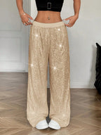 High Waist Shiny Sequin Loose Drapey Wide Leg Casual Pants Fashionable Summer Women's Trousers Street Style Polyester Fiber - VibraStore