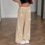 High Waist Shiny Sequin Loose Drapey Wide Leg Casual Pants Fashionable Summer Women's Trousers Street Style Polyester Fiber - VibraStore