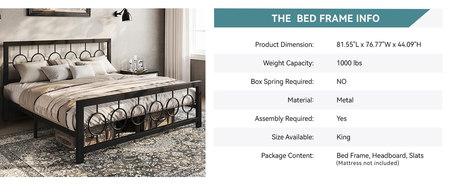 HOOMIC Metal Platform Bed Frame with Vintage Circular Design Headboard and Footboard, Extra Under - Bed Storage Allewie - VibraStore