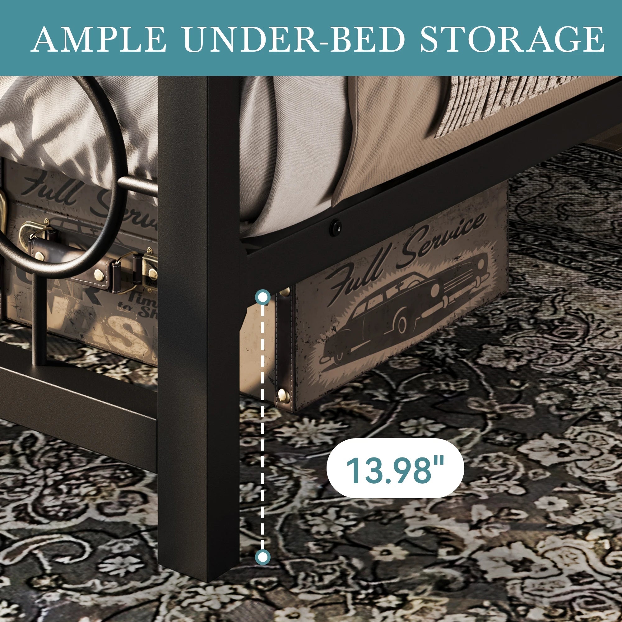 HOOMIC Metal Platform Bed Frame with Vintage Circular Design Headboard and Footboard, Extra Under - Bed Storage Allewie - VibraStore