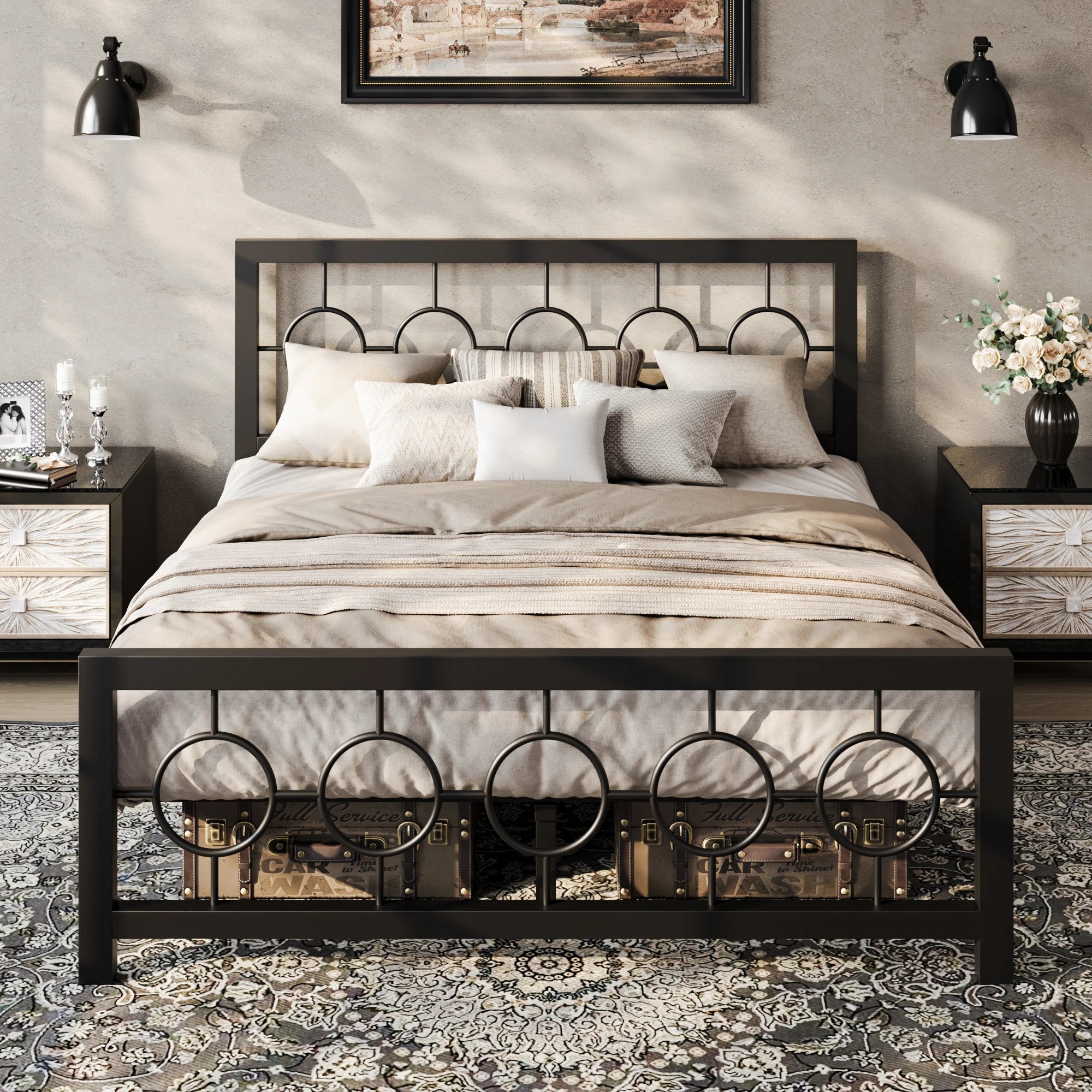 HOOMIC Metal Platform Bed Frame with Vintage Circular Design Headboard and Footboard, Extra Under - Bed Storage Allewie - VibraStore
