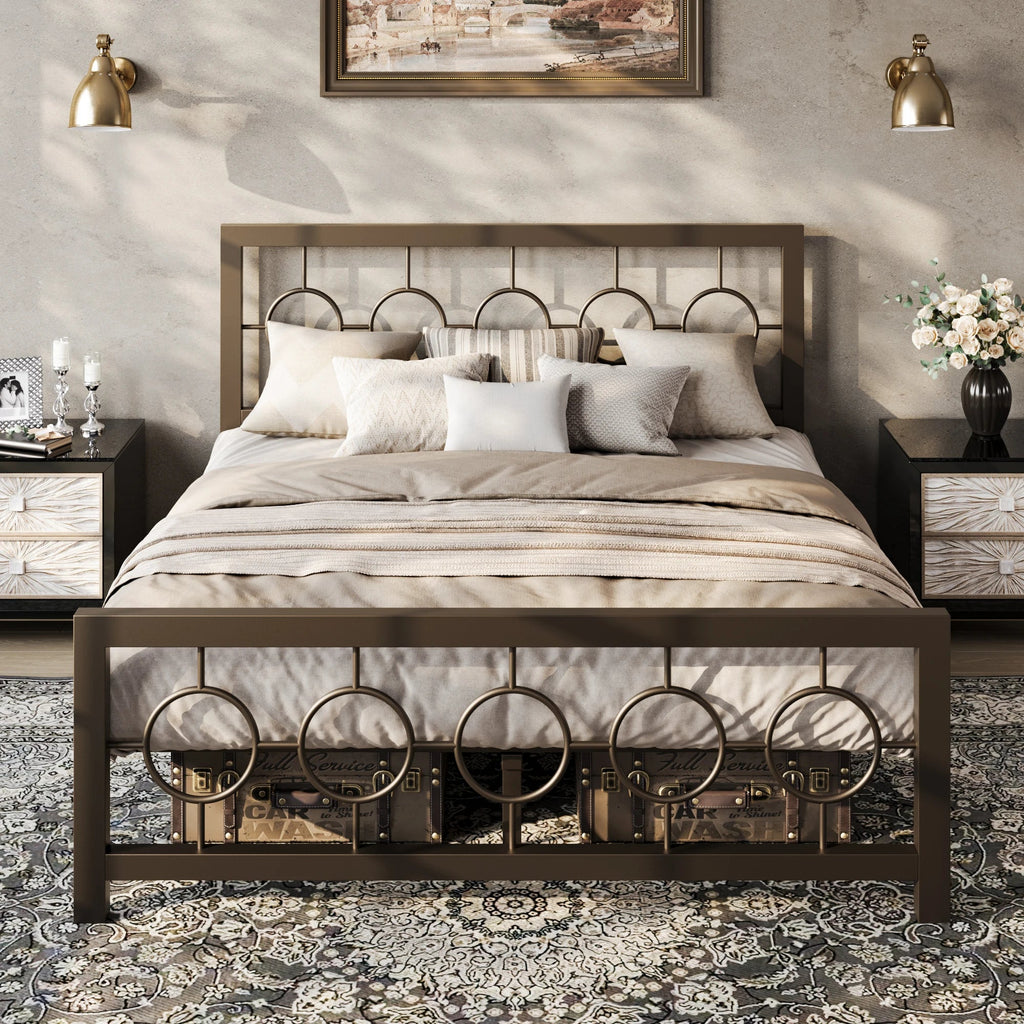 HOOMIC Metal Platform Bed Frame with Vintage Circular Design Headboard and Footboard, Extra Under - Bed Storage Allewie - VibraStore