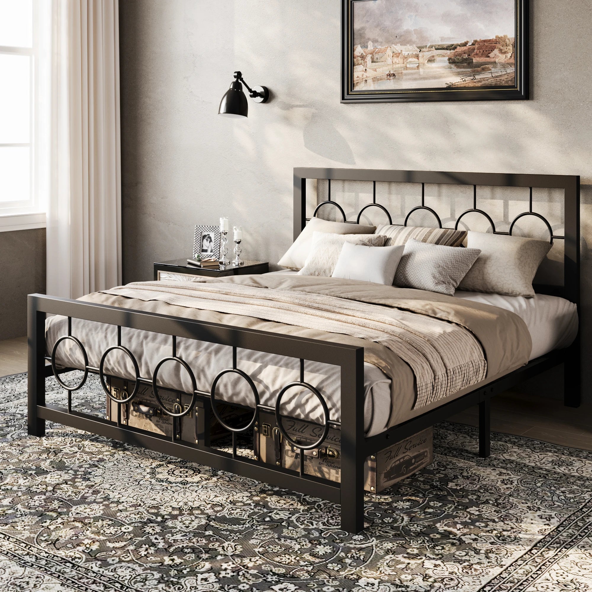 HOOMIC Metal Platform Bed Frame with Vintage Circular Design Headboard and Footboard, Extra Under - Bed Storage Allewie - VibraStore