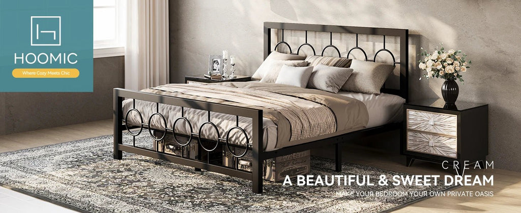 HOOMIC Metal Platform Bed Frame with Vintage Circular Design Headboard and Footboard, Extra Under - Bed Storage Allewie - VibraStore