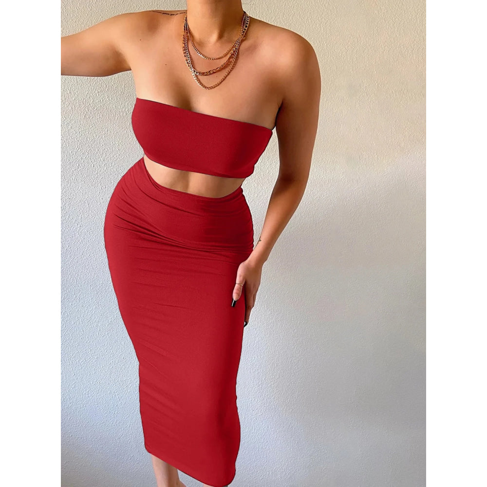 Hugcitar - Conjunto elegante de 2 uds para mujer, camiseta sin mangas Sexy sin tirantes, Top corto, falda Maxi, ropa informal de verano para mujer, Festival de fiesta 2025 - VibraStore