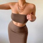 Hugcitar - Conjunto elegante de 2 uds para mujer, camiseta sin mangas Sexy sin tirantes, Top corto, falda Maxi, ropa informal de verano para mujer, Festival de fiesta 2025 - VibraStore