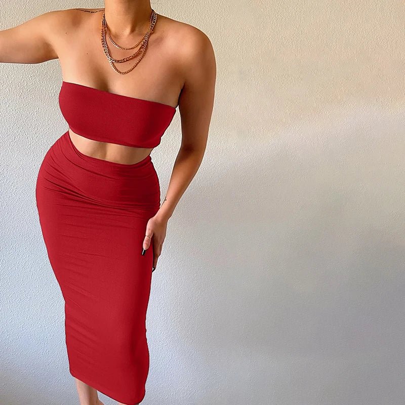 Hugcitar - Conjunto elegante de 2 uds para mujer, camiseta sin mangas Sexy sin tirantes, Top corto, falda Maxi, ropa informal de verano para mujer, Festival de fiesta 2025 - VibraStore