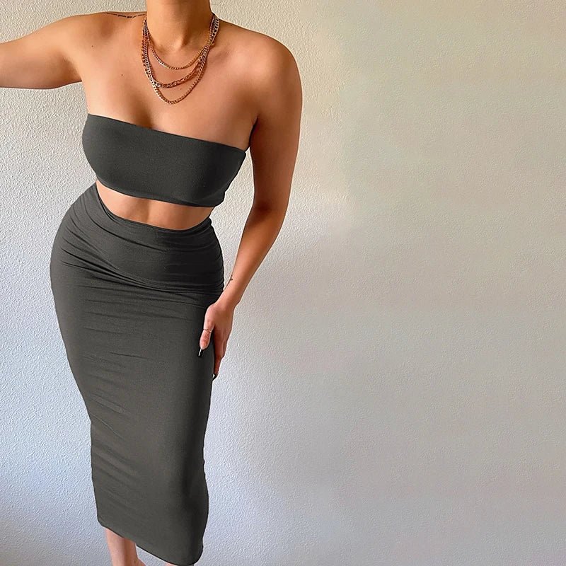 Hugcitar - Conjunto elegante de 2 uds para mujer, camiseta sin mangas Sexy sin tirantes, Top corto, falda Maxi, ropa informal de verano para mujer, Festival de fiesta 2025 - VibraStore