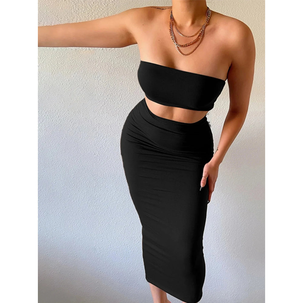 Hugcitar - Conjunto elegante de 2 uds para mujer, camiseta sin mangas Sexy sin tirantes, Top corto, falda Maxi, ropa informal de verano para mujer, Festival de fiesta 2025 - VibraStore