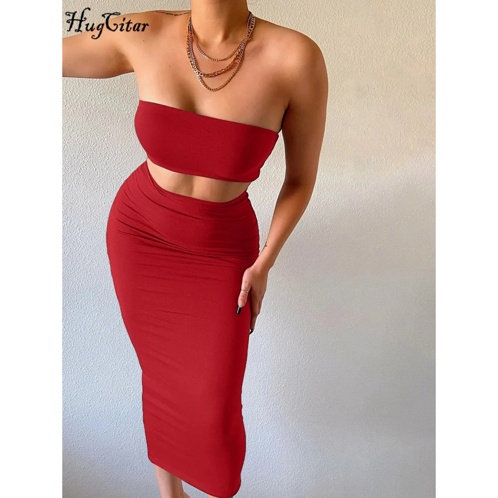 Hugcitar - Conjunto elegante de 2 uds para mujer, camiseta sin mangas Sexy sin tirantes, Top corto, falda Maxi, ropa informal de verano para mujer, Festival de fiesta 2025 - VibraStore