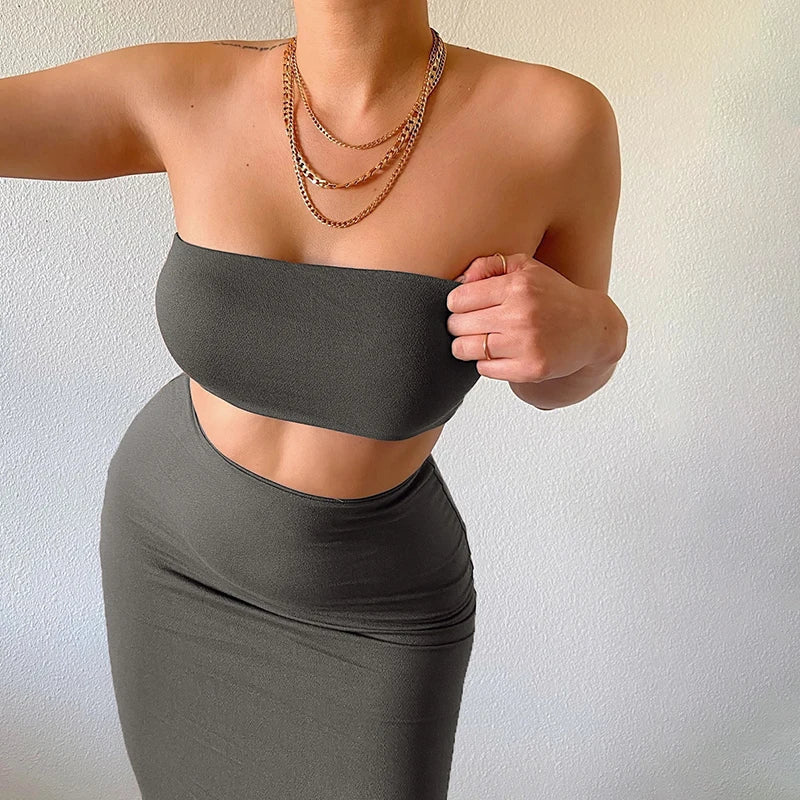Hugcitar - Conjunto elegante de 2 uds para mujer, camiseta sin mangas Sexy sin tirantes, Top corto, falda Maxi, ropa informal de verano para mujer, Festival de fiesta 2025 - VibraStore
