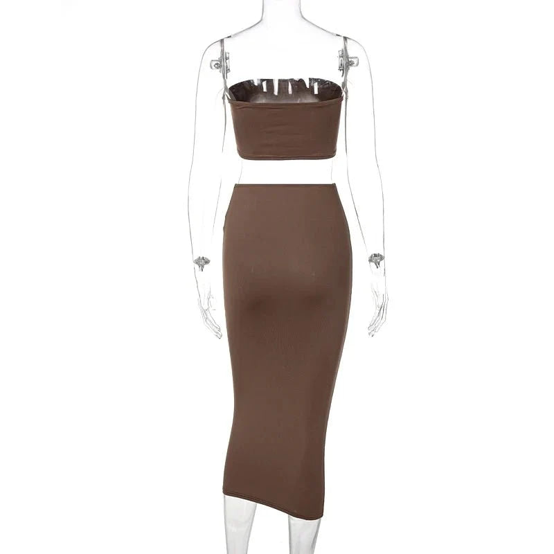 Hugcitar - Conjunto elegante de 2 uds para mujer, camiseta sin mangas Sexy sin tirantes, Top corto, falda Maxi, ropa informal de verano para mujer, Festival de fiesta 2025 - VibraStore