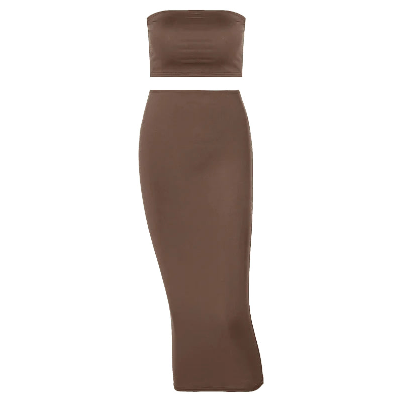 Hugcitar - Conjunto elegante de 2 uds para mujer, camiseta sin mangas Sexy sin tirantes, Top corto, falda Maxi, ropa informal de verano para mujer, Festival de fiesta 2025 - VibraStore