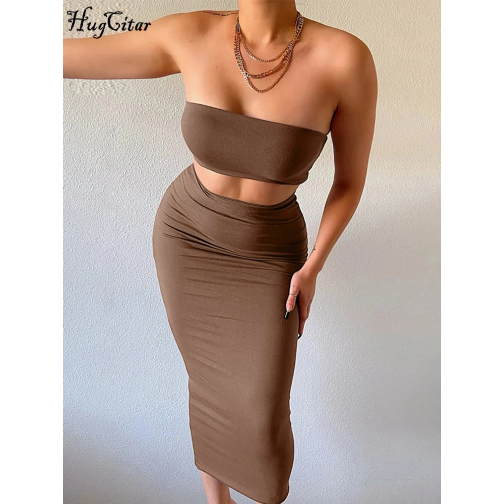 Hugcitar - Conjunto elegante de 2 uds para mujer, camiseta sin mangas Sexy sin tirantes, Top corto, falda Maxi, ropa informal de verano para mujer, Festival de fiesta 2025 - VibraStore