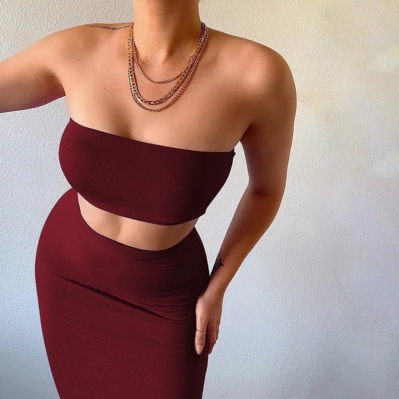 Hugcitar - Conjunto elegante de 2 uds para mujer, camiseta sin mangas Sexy sin tirantes, Top corto, falda Maxi, ropa informal de verano para mujer, Festival de fiesta 2025 - VibraStore