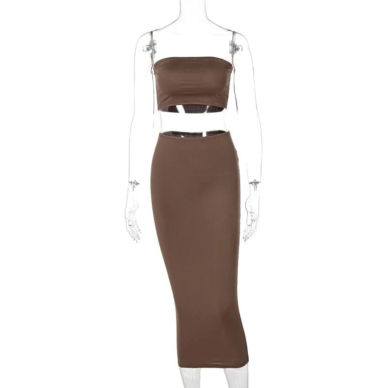 Hugcitar - Conjunto elegante de 2 uds para mujer, camiseta sin mangas Sexy sin tirantes, Top corto, falda Maxi, ropa informal de verano para mujer, Festival de fiesta 2025 - VibraStore