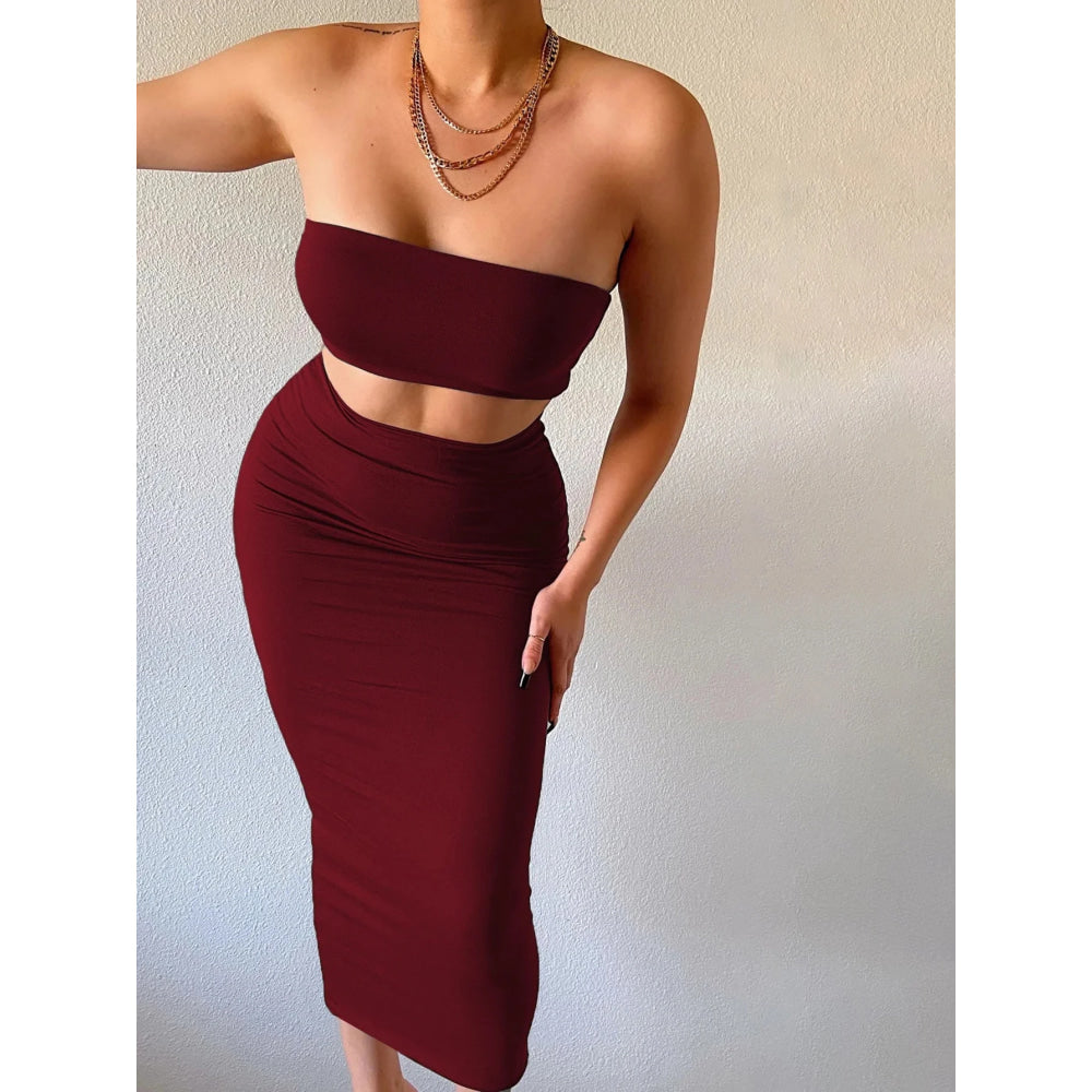 Hugcitar - Conjunto elegante de 2 uds para mujer, camiseta sin mangas Sexy sin tirantes, Top corto, falda Maxi, ropa informal de verano para mujer, Festival de fiesta 2025 - VibraStore
