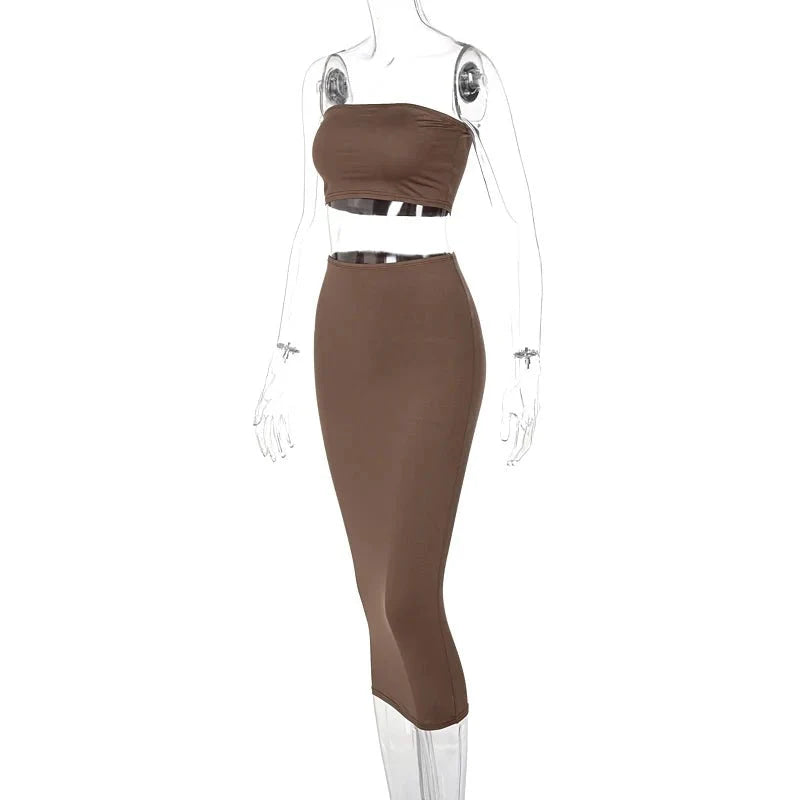 Hugcitar - Conjunto elegante de 2 uds para mujer, camiseta sin mangas Sexy sin tirantes, Top corto, falda Maxi, ropa informal de verano para mujer, Festival de fiesta 2025 - VibraStore