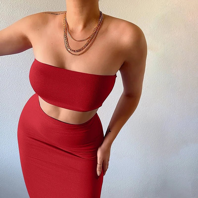 Hugcitar - Conjunto elegante de 2 uds para mujer, camiseta sin mangas Sexy sin tirantes, Top corto, falda Maxi, ropa informal de verano para mujer, Festival de fiesta 2025 - VibraStore