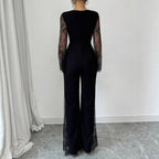 Lace - embellished Long - sleeve Crew - neck Bodycon Jumpsuit With A Cinched Waist And Hip - lifting Design - VibraStore