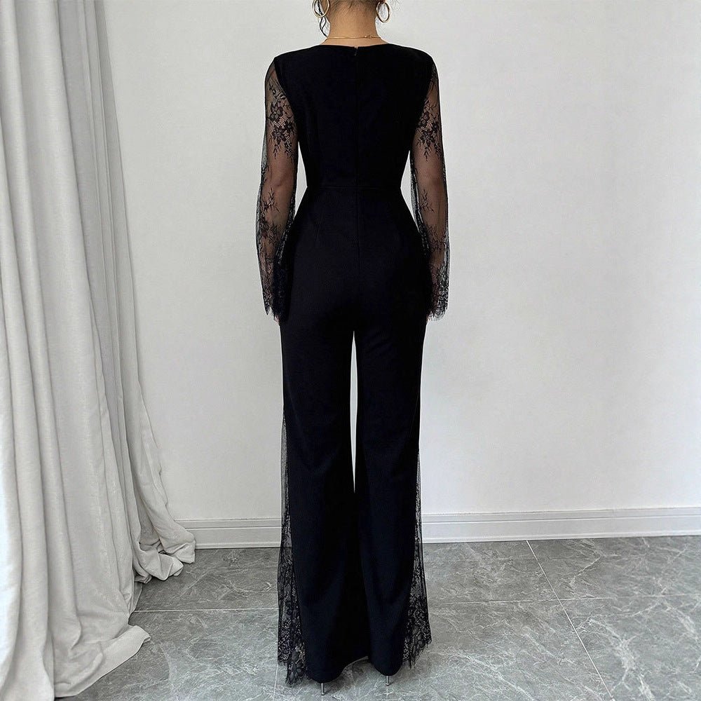 Lace - embellished Long - sleeve Crew - neck Bodycon Jumpsuit With A Cinched Waist And Hip - lifting Design - VibraStore