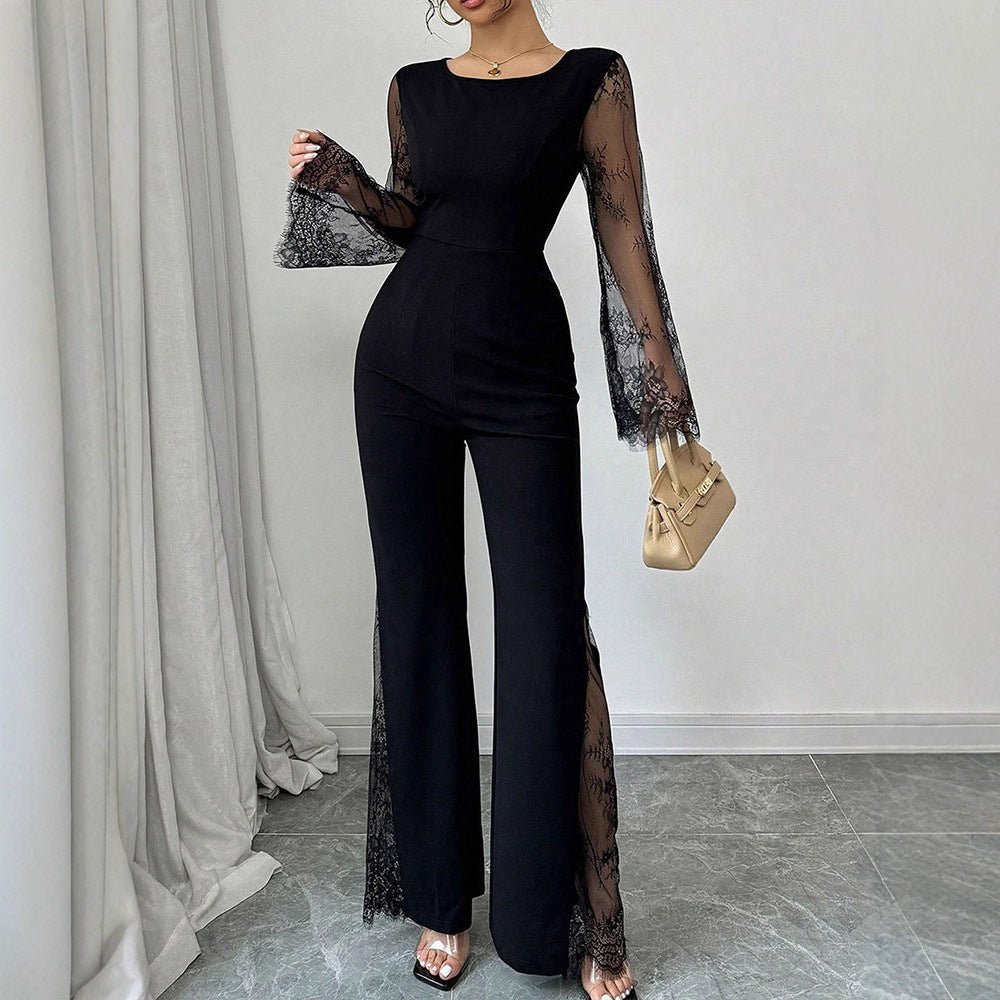 Lace - embellished Long - sleeve Crew - neck Bodycon Jumpsuit With A Cinched Waist And Hip - lifting Design - VibraStore