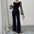 Lace - embellished Long - sleeve Crew - neck Bodycon Jumpsuit With A Cinched Waist And Hip - lifting Design - VibraStore