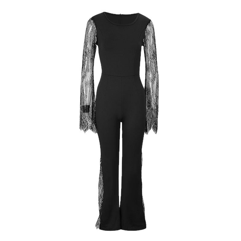 Lace - embellished Long - sleeve Crew - neck Bodycon Jumpsuit With A Cinched Waist And Hip - lifting Design - VibraStore