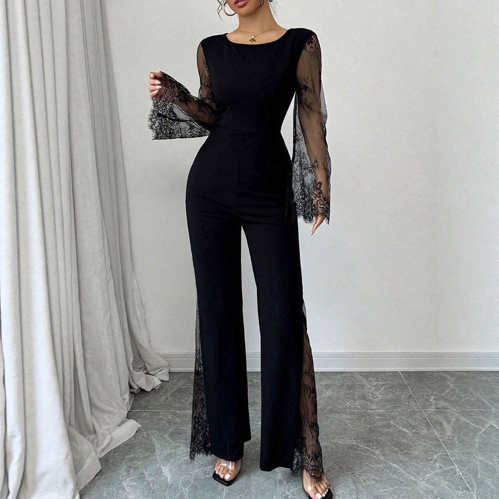 Lace - embellished Long - sleeve Crew - neck Bodycon Jumpsuit With A Cinched Waist And Hip - lifting Design - VibraStore