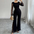 Lace - embellished Long - sleeve Crew - neck Bodycon Jumpsuit With A Cinched Waist And Hip - lifting Design - VibraStore