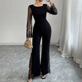 Lace - embellished Long - sleeve Crew - neck Bodycon Jumpsuit With A Cinched Waist And Hip - lifting Design - VibraStore