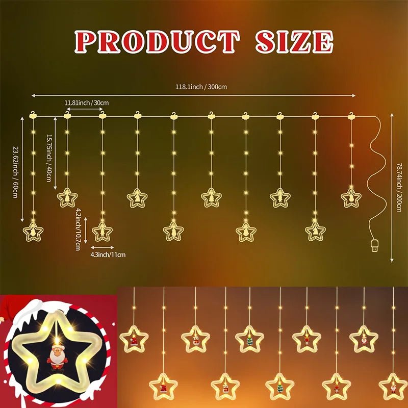 LED Holiday Light Christmas Curtain Lights Christmas Window Lights Santa New Year Decor String Lights for Indoor Decorations - VibraStore
