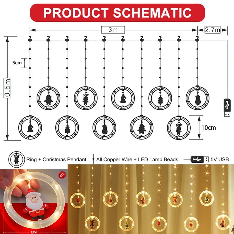 LED Holiday Light Christmas Curtain Lights Christmas Window Lights Santa New Year Decor String Lights for Indoor Decorations - VibraStore