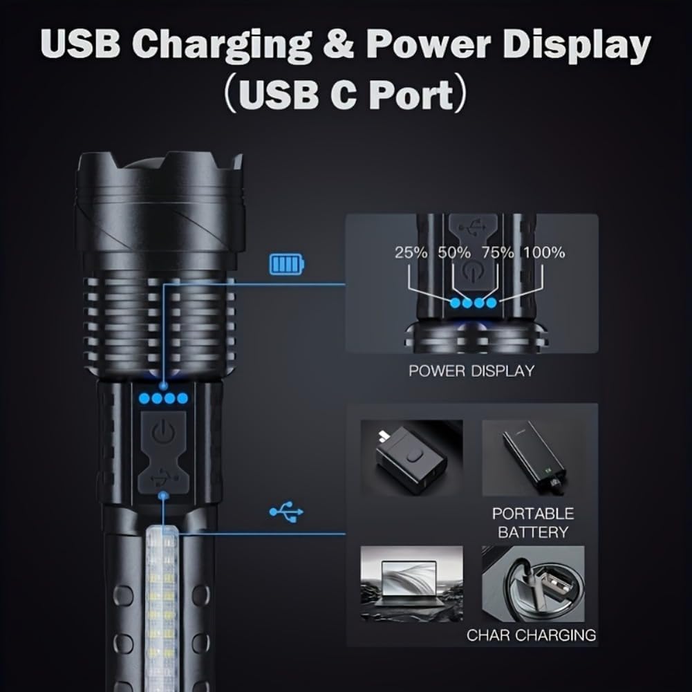 LED Super Powerful Rechargeable Torch Flood Light,Focus Adjustable Water Resistant Handheld Light For Outdoor Camping, Fishing, Hunting, Climbing, Adventure Emergency - VibraStore