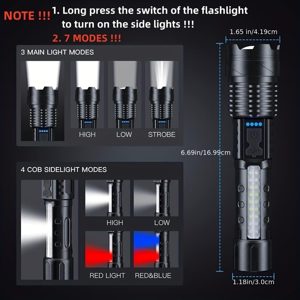 LED Super Powerful Rechargeable Torch Flood Light,Focus Adjustable Water Resistant Handheld Light For Outdoor Camping, Fishing, Hunting, Climbing, Adventure Emergency - VibraStore