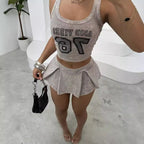 Letter - printed Fitted Short Top And Pleated Short Skirt Set - VibraStore