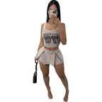 Letter - printed Fitted Short Top And Pleated Short Skirt Set - VibraStore