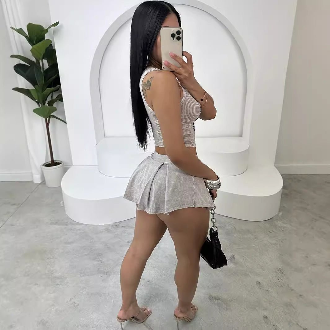 Letter - printed Fitted Short Top And Pleated Short Skirt Set - VibraStore