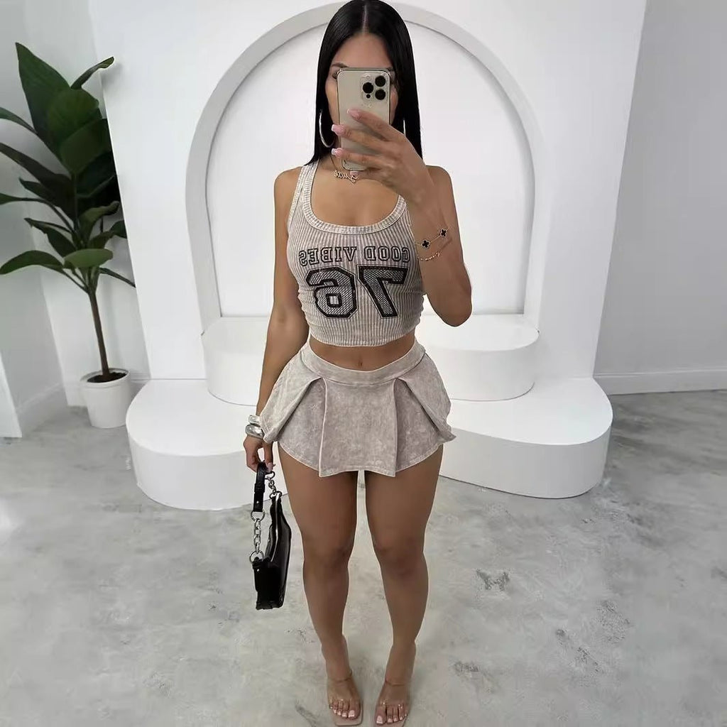 Letter - printed Fitted Short Top And Pleated Short Skirt Set - VibraStore