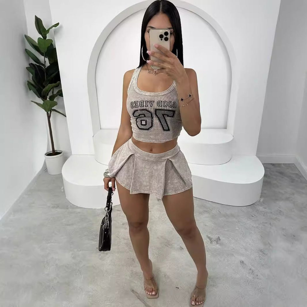 Letter - printed Fitted Short Top And Pleated Short Skirt Set - VibraStore