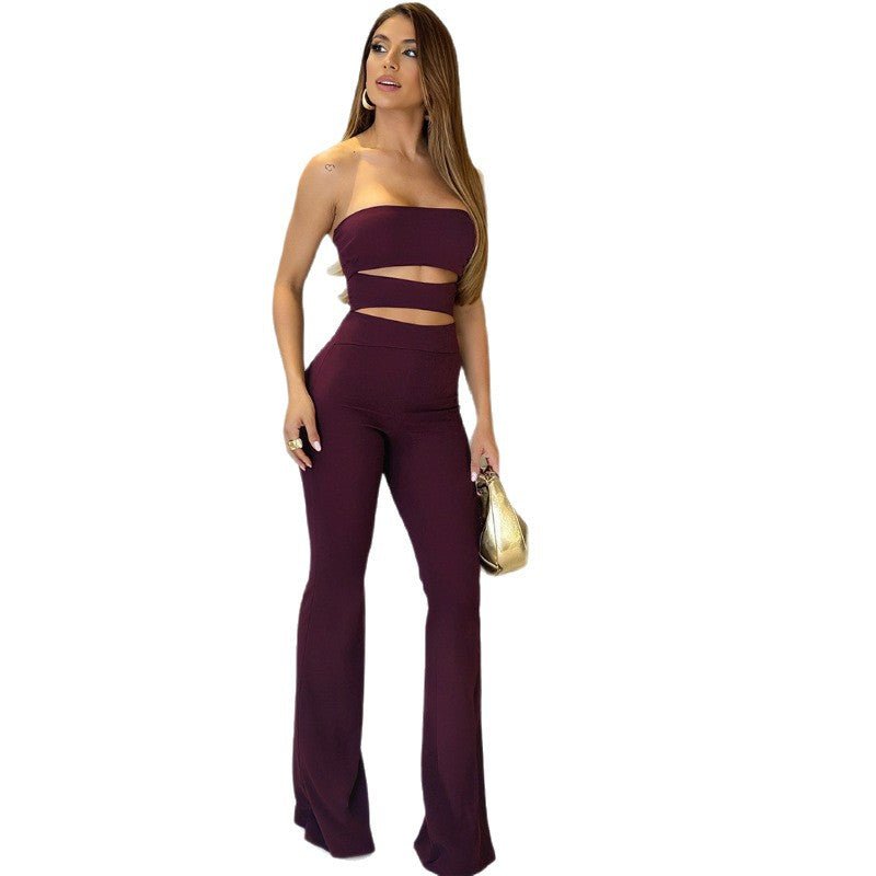 Long Sleeve Top Slim - fit Hollowed Out Flared Jumpsuit For Women - VibraStore