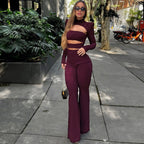 Long Sleeve Top Slim - fit Hollowed Out Flared Jumpsuit For Women - VibraStore